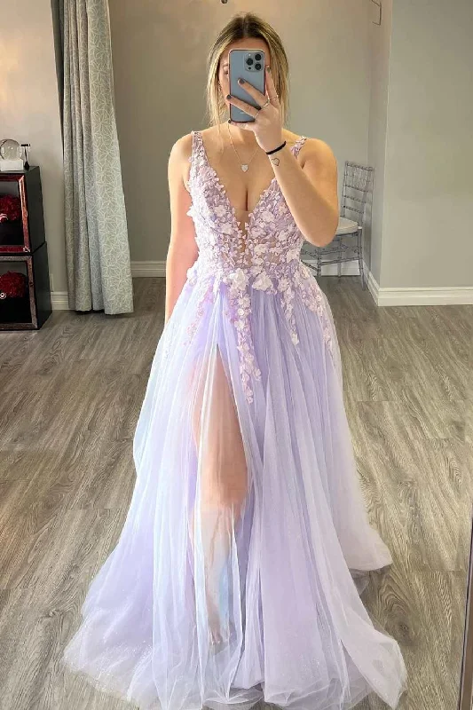 Everyday Women’s Fashion Trends Lilac Tulle 3D Floral Lace A-Line Prom Gown with Slit