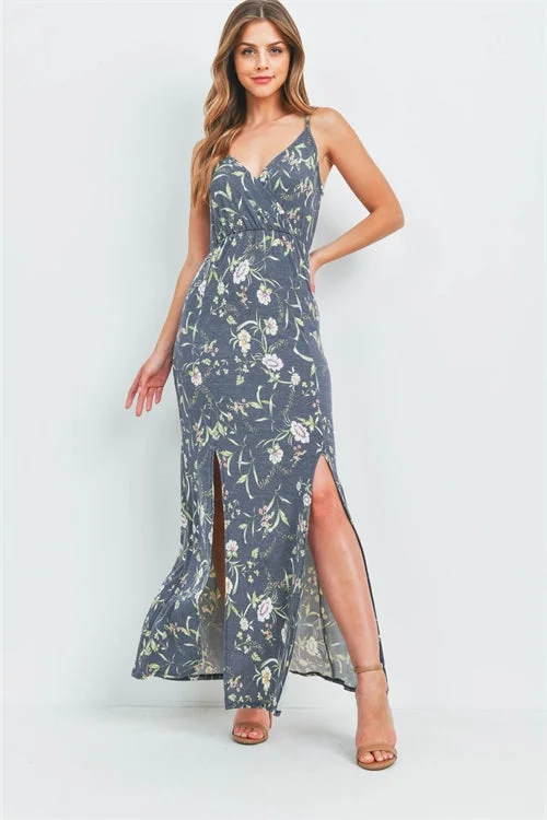 Quality Driven Apparel Charcoal Gray Floral Maxi Dress