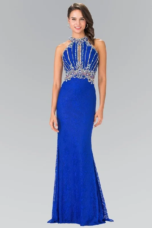 Browse Our Top Products Elizabeth K GL2275 Halter Illusion Panel Long Gown in Royal Blue