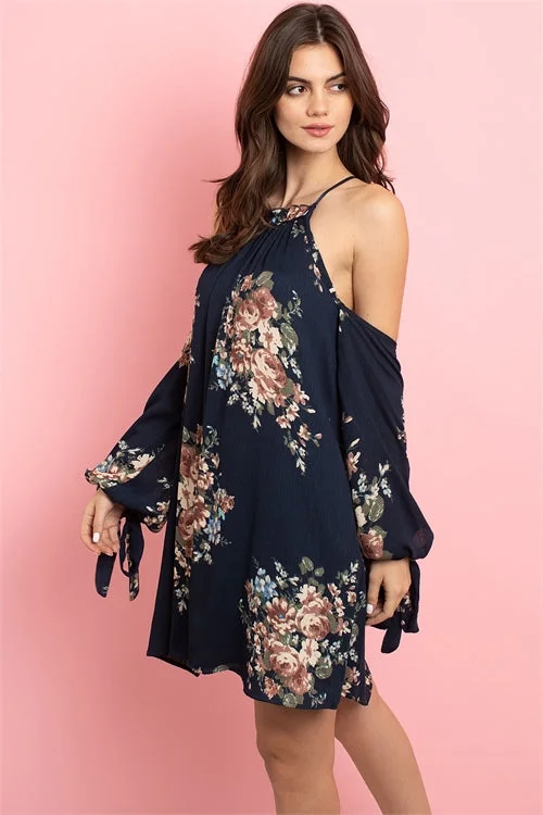 Exclusive Discount Navy Blue Floral Exposed Shoulder Dress