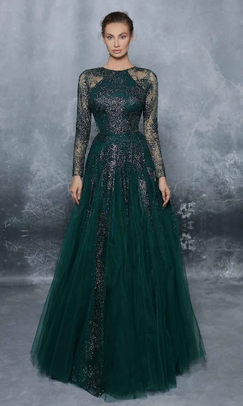 Trend Alert Tarik Ediz - 96029 Sheer Long Sleeve Glitter Tulle Ballgown