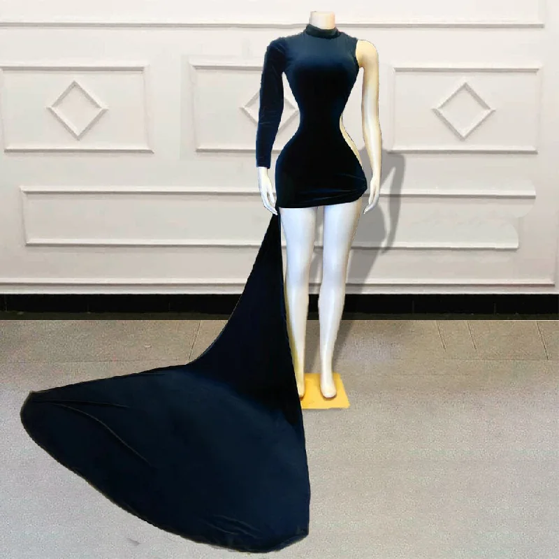 Dive Into Trendy Women's Fashion Sexy Black Girls Velvet Short Prom Dresses for Birthday Party Singe Full Sleeve Women Mini Cocktail Gowns Custom Made