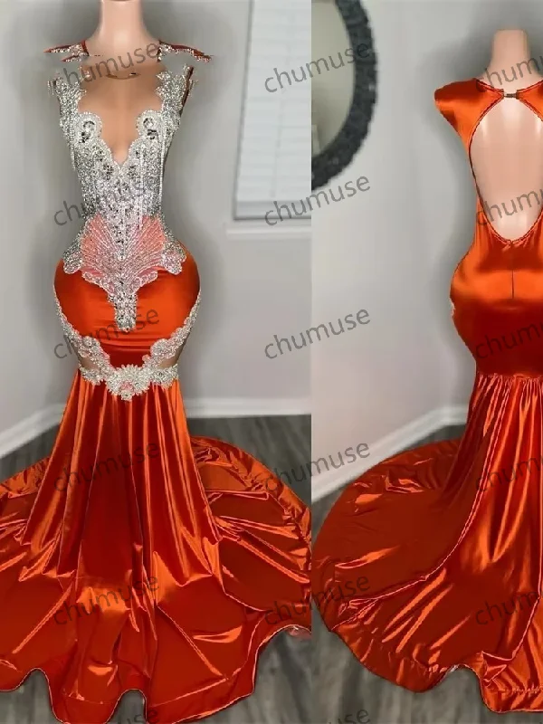 Seasonal Clearance Orange Backless Prom Dresses Luxury Black Girls Silvery Beaded Rhinestones