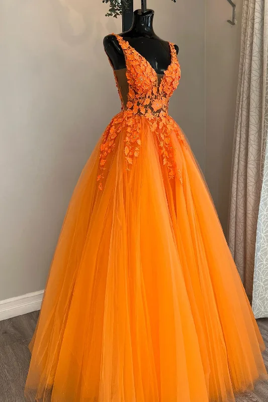 Elegant Women’s Clothing Online Princess Orange A-line Floral Appliues Long Formal Dress