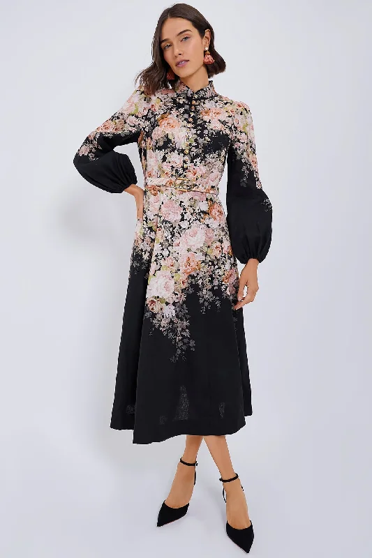 Timeless Elegance Redefined Black Rococo Floral Illustration Buttoned Midi Dress