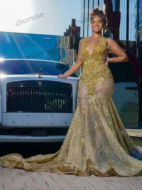 Limited Edition Gold O Neck Long Prom Dresses For Black Girls Beaded Crystal Rhinestone Birthday Luxury Dress Mermaid Graduation Gown