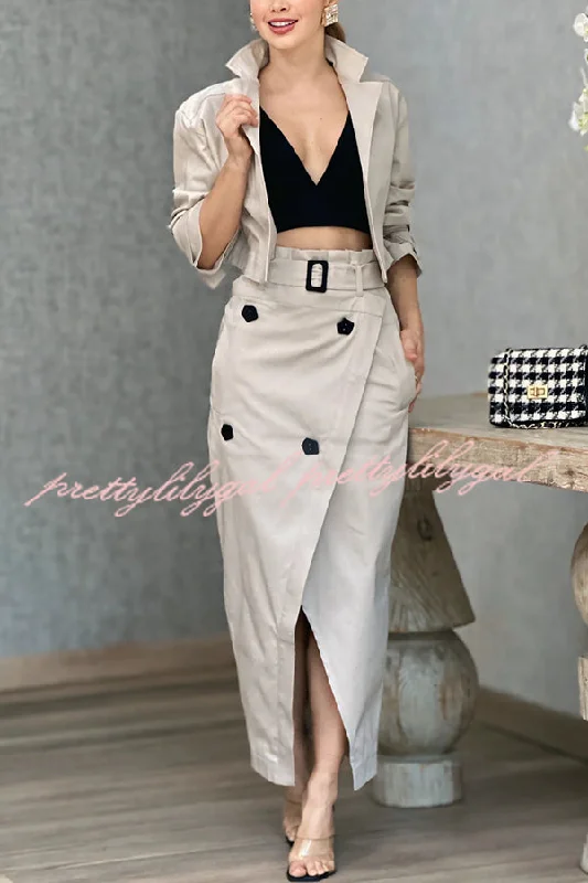 Stylish Looks Work Style Lapel Long Sleeve Jacket and Button Belt Pocketed Slit Midi Skirt Set