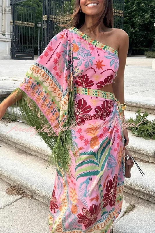 Bold Fashion Fruits Queen Unique Print One Shoulder Fringe Detail Scarf Midi Dress