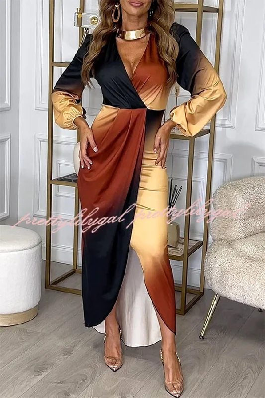 Relaxed Style Romantic Sunset Gradient Print Ruched Balloon Sleeve Slit Maxi Dress