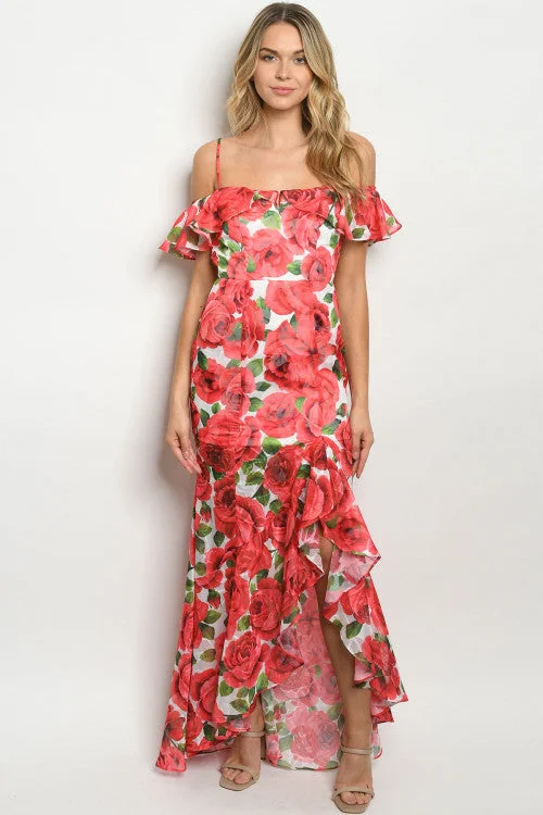 Trend Leading Collection Red Floral Cold Shoulder Mermaid Cut Maxi Dress Gown