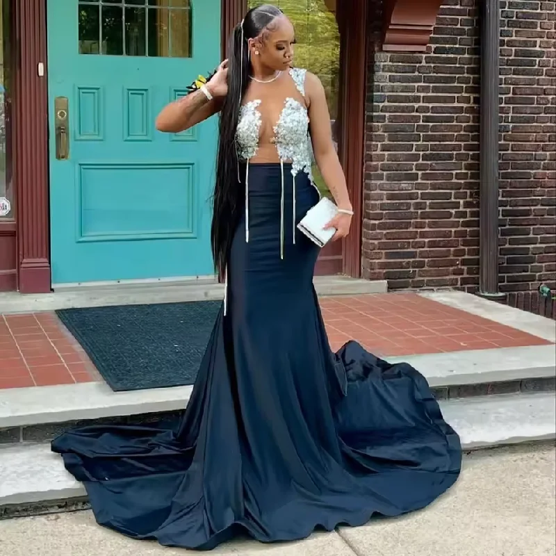 Latest Fashion Elegant Black Prom Dresses Luxury Diamond Crystals African Girls Mermaid Prom Party Gowns