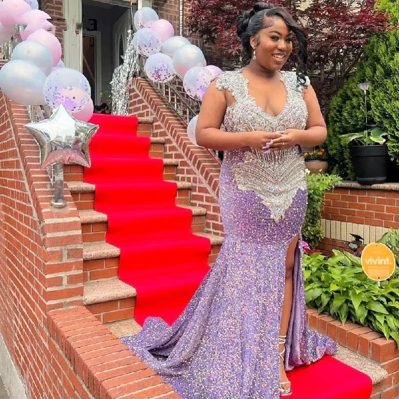 Clearance Sale Glitter Purple Sequins Prom Dress For Black Girls High Slit Silver Crystal Beaded Party Gown