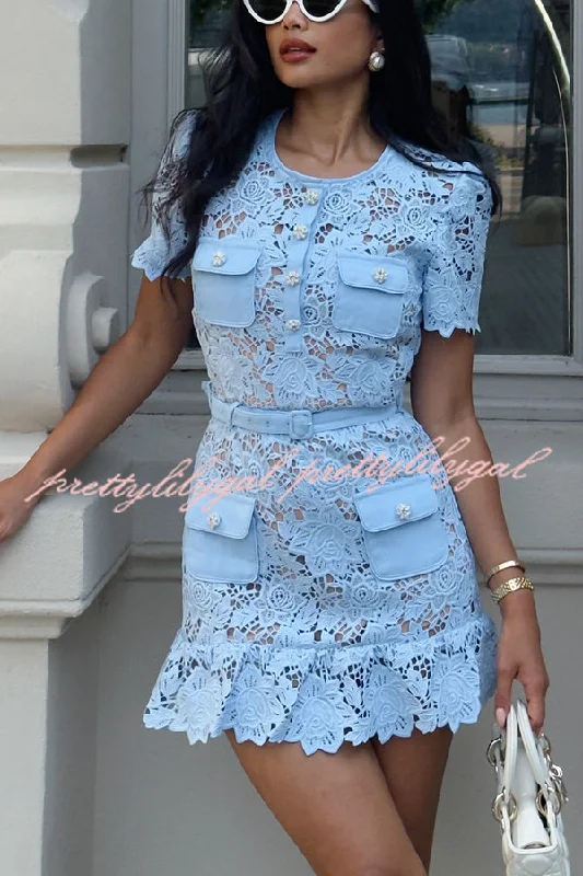 Comfortable Chic Luxury Beauty Embroidered Floral Lace Jewel Buttons Pocket Belted Mini Dress