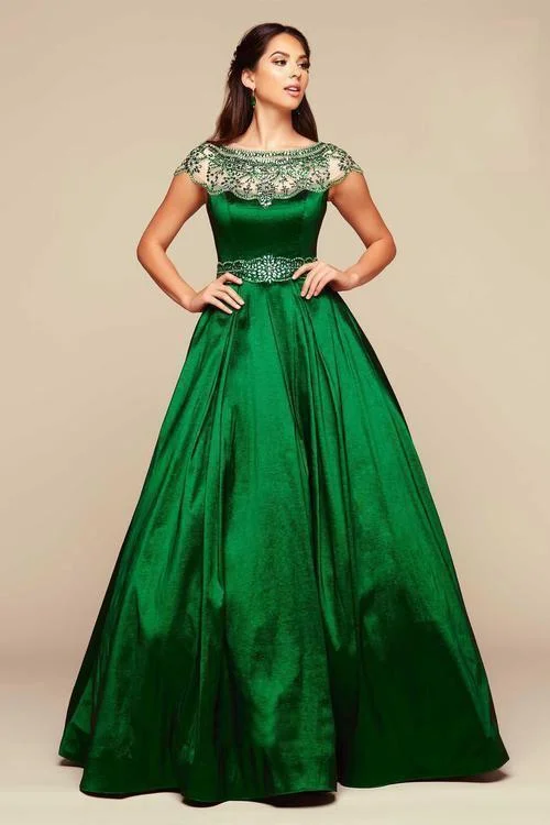 Stupidly Low Prices Mac Duggal Embellished Sheer Bateau Ballgown in Emerald 48421