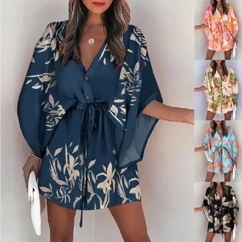 Big Discounts Bohemian Mini Shirt Dress, Boho Floral Summer Dress