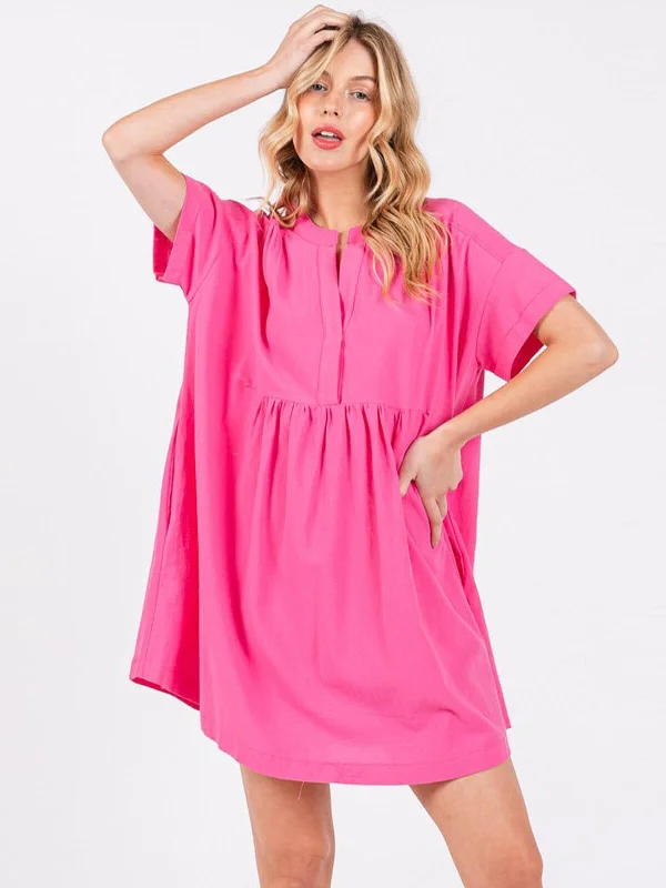 Catch Every Fashion Trend WOMEN'S SHORT SLEEVE BUTTON UP POCKETS TUNIC MINI DRESS