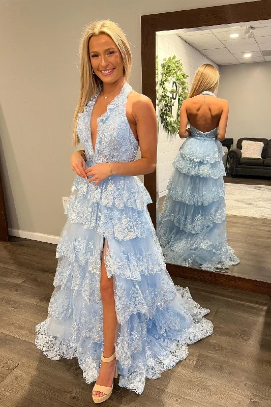 Flash Sales This Week Light Blue Halter Layers Sequined Floral Long Prom Dress with Slit