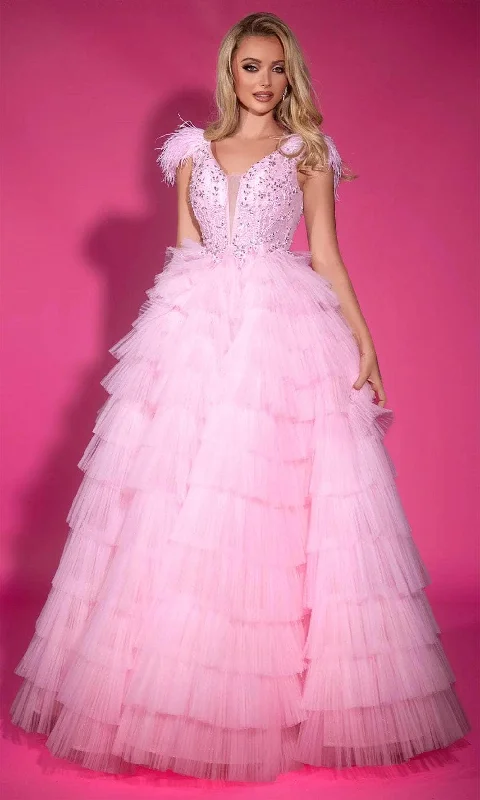 Trendy Boutique Online Portia and Scarlett PS25317 - Plunging Neck Feather Detailed Ballgown