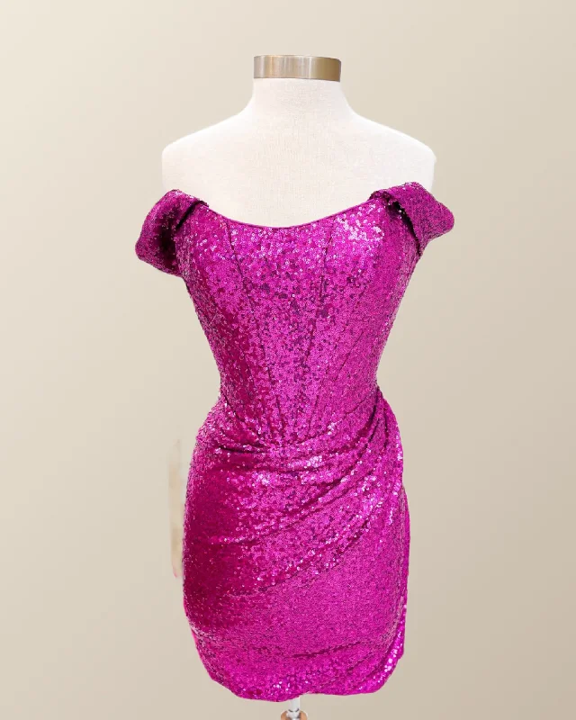 Laid-Back Elegance Off the Shoulder Fuchsia Sequin Mini Dress