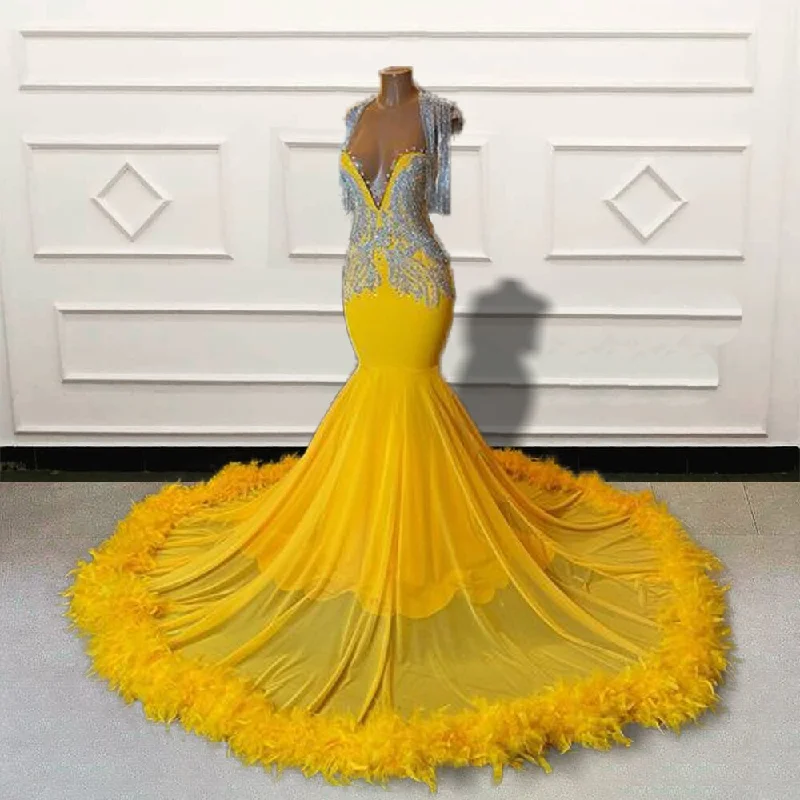 Style Streetwear Black Girls Beaded Feathers Mermaid Long Prom Dresses for Graduation Party Luxury Yellow Women Custom Formal Evening Gown