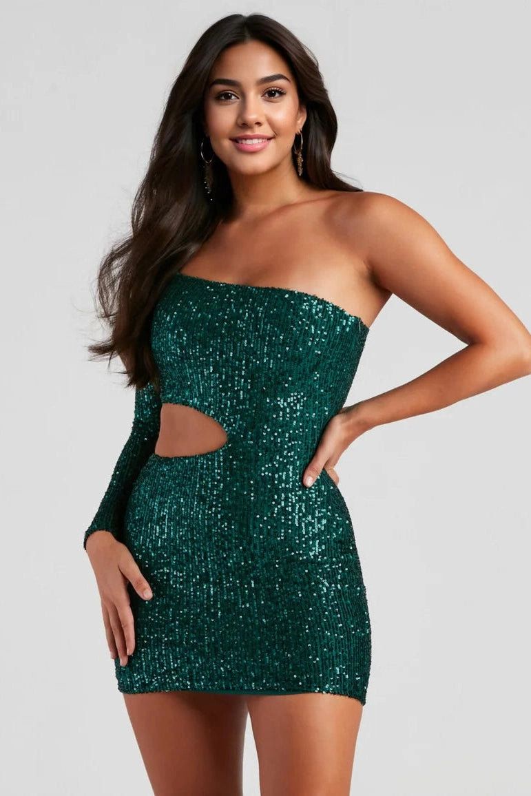 Trend Leading Collection Sparkle Party Sequin One-Shoulder Mini Dress