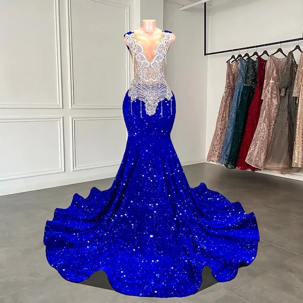 Vintage Style Clothing Sale Sexy Mermaid Style Sheer Top Luxury Sparkly Silver Crystals Diamond Black Girls Royal Blue Long Prom Dresses