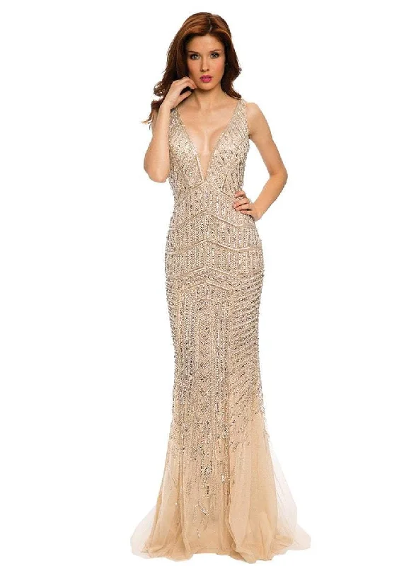 Limited Stock, Big Discounts Jovani Sleeveless V-Neck Mermaid Gown 20736 1 pc Silver/Nude in size 10 Available