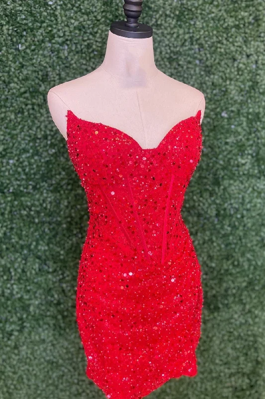 Modern Casual Clothing Strapless Red Sequin Tight Mini Dress