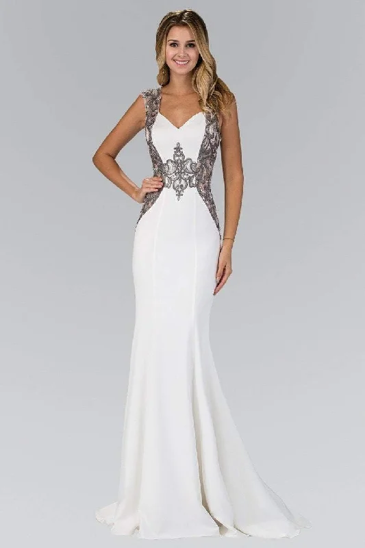 You'Ll Love Us Because Elizabeth K GL1347 Embellished Lace Applique Sheath Gown in Ivory