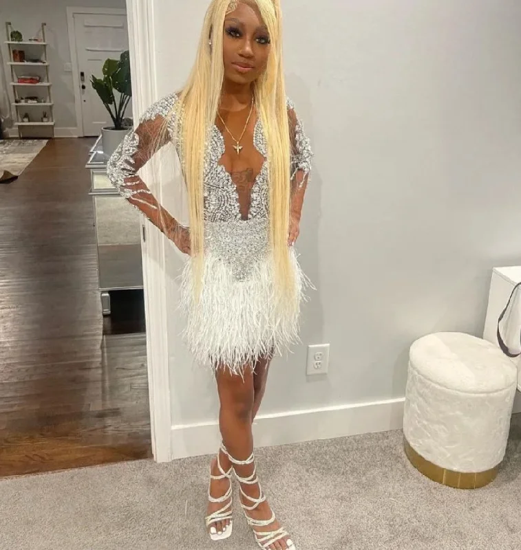 Sophisticated Style White Sparkling Short Homecoming Dress African Girls Rhinestone Sequins Feather Party Dresses New See Through O Neck Dresses