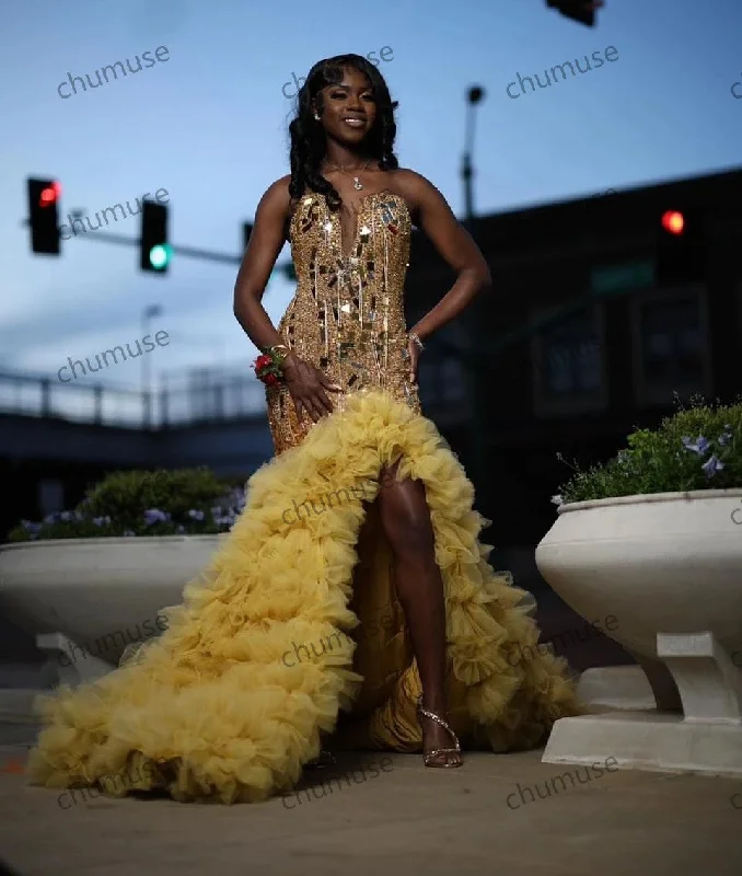 Huge Discounts This Week Gold Diamonds Mermaid Ruffles High Slit Prom Dress For Black Girls