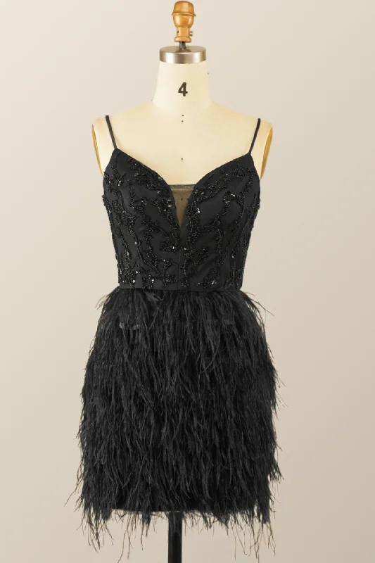 City Fashion Straps Black Beaded Feather Mini Dress