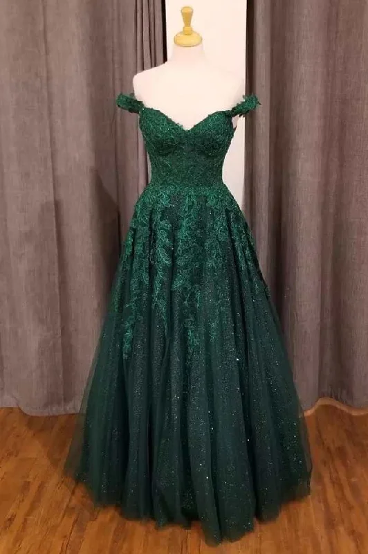 Casual Chic for Women Hunter Green Floral Appliques Off-the-Shoulder A-Line Prom Gown