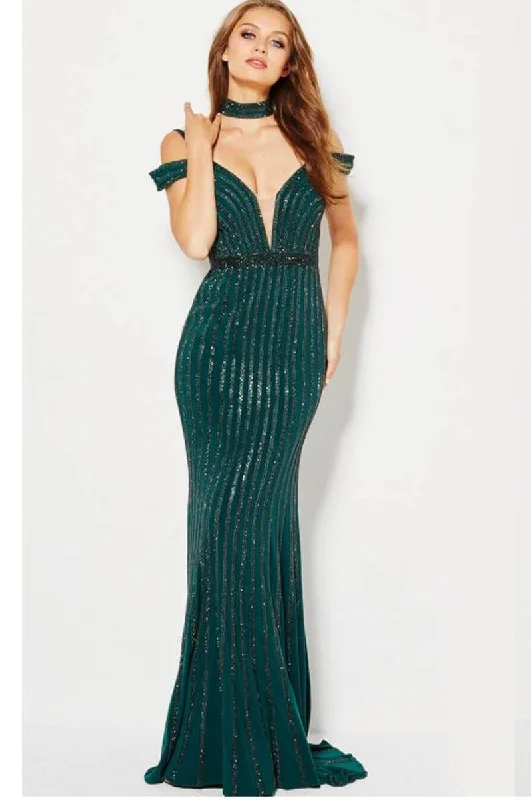 Classic Women’s Clothing Styles Jovani 56004 Stripe Beaded Off-Shoulder Gown - 1 pc Green/Green in size 2 Available