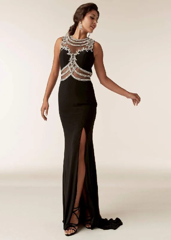 Fashion Forward, Function First Jasz Couture - 6288 Jewel Neck Stone Embellished Gown with Slit