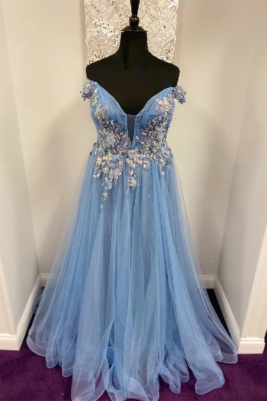 Don't Miss Out Fairy-Tale Blue Floral Appliques Off-the-Shoulder A-Line Prom Gown