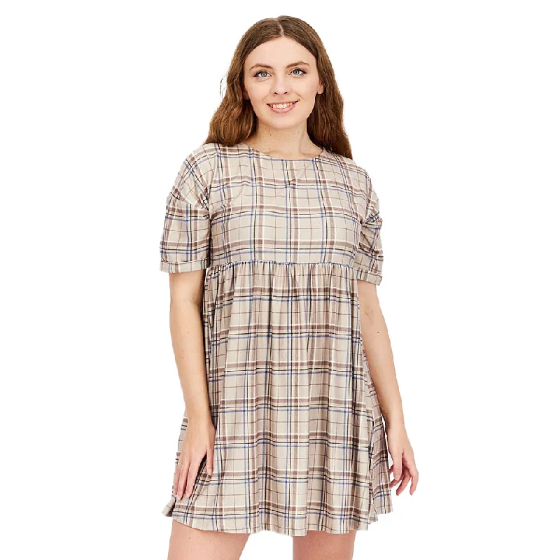 Stylish Savings Women's Plaid Smock Mini Dress,Beige