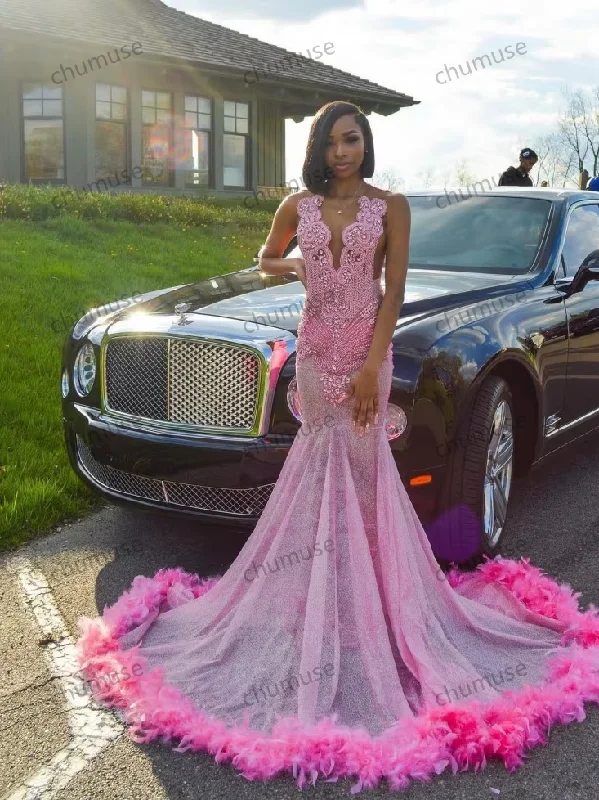 Best Sellers Luxury Pink Feathers Prom Dresses For Black Girls Crystal Beading African Women Pageant Party Gowns