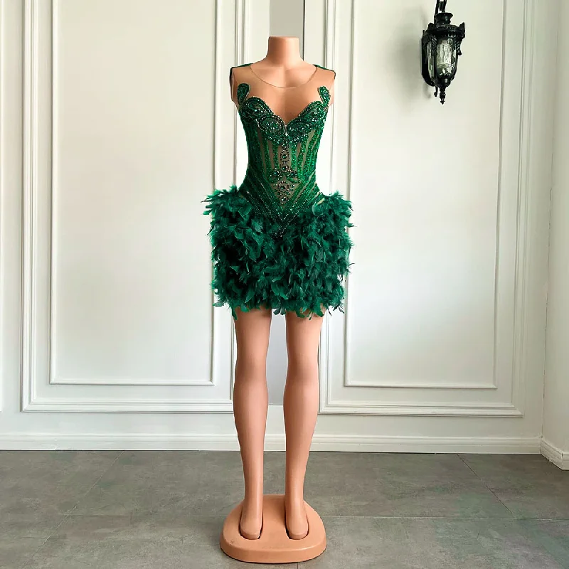 Mega Sale Real Luxury Black Girls Formal Occasion Birthday Party Dresses Emerald Green Feather Women Short Prom Dress