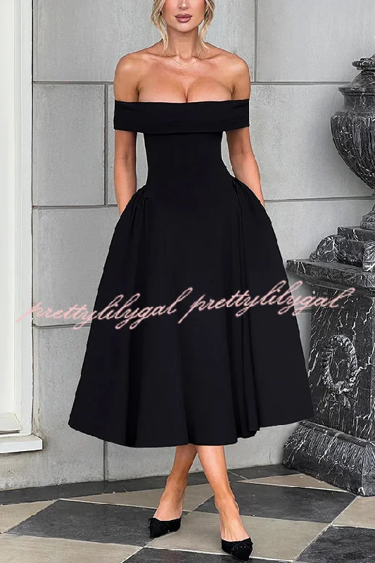 Trendy Street Style Princess Temperament Batdot Neck Pleat Detail Midi Dress