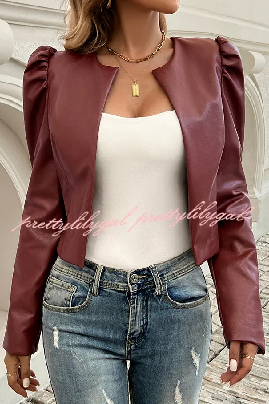 Catch Every Fashion Trend Yelissa Faux Leather Statement Long Sleeve Open Front Crop Jacket