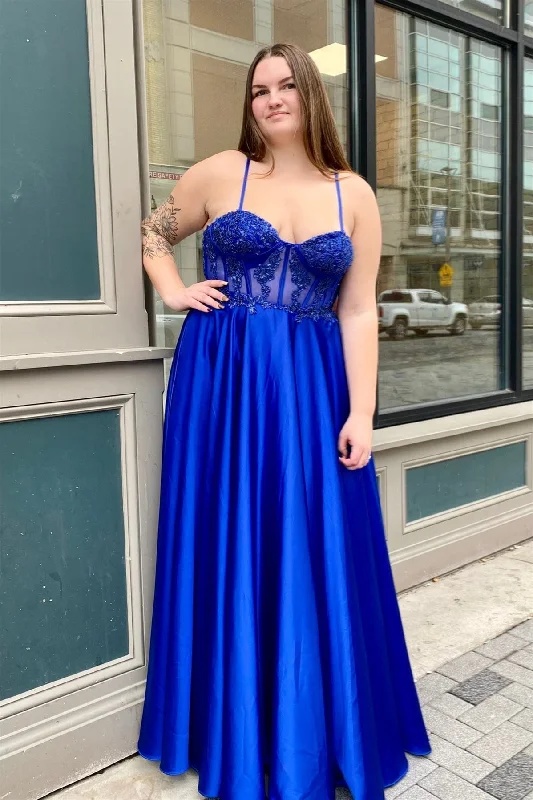 Chic Women’s Clothing for Date Nights Royal Blue Spaghetti Straps Floral Satin Long Prom Dress