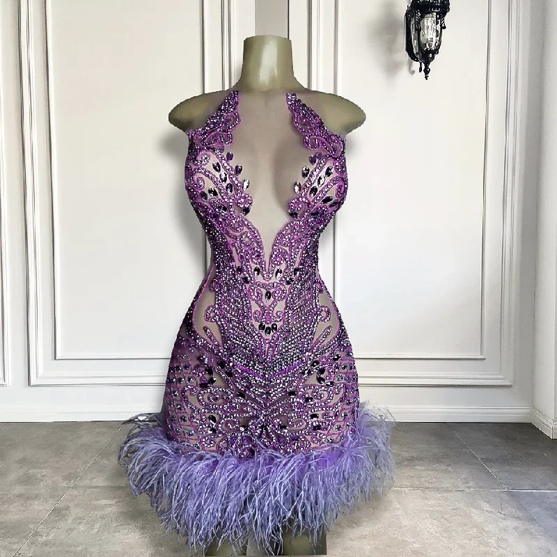 Trendy Threads New Luxury Sparkly Purple Diamond Women Birthday Party Gowns Feather Mini Short Prom Dresses For Black Girls