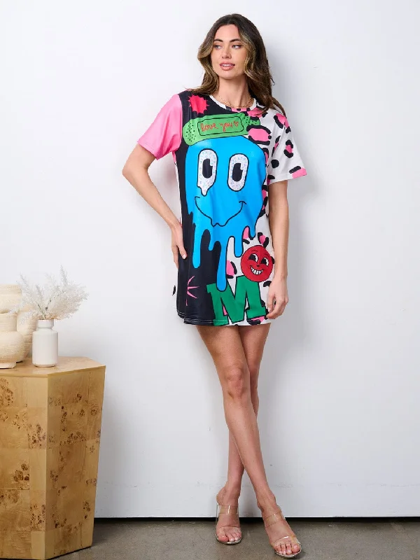 Classic Women's Fashion WOMEN'S SHORT SLEEVE GRAPHIC TUNIC MULTI PRINT MINI DRESS