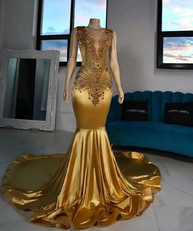 Preppy Style Gold Sheer O Neck Long Prom Dress For Black Girls Beaded Crystal Rhinestone Birthday Party Gowns Mermaid Evening Dresses