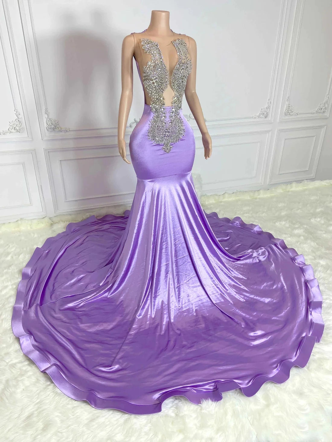 Comfortable Clothes Lilac Sheer African American Long Prom Dresses For Black Girls Mermaid Sheer Crystals Nigeria Evening Gown Customized