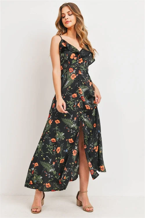 Enjoy Discount Black Floral High Low Maxi Dress