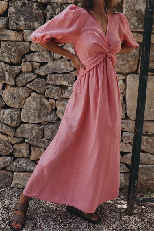 Sophisticated Fashion Linen Blend High Waist V-neck Loose Maxi Dress