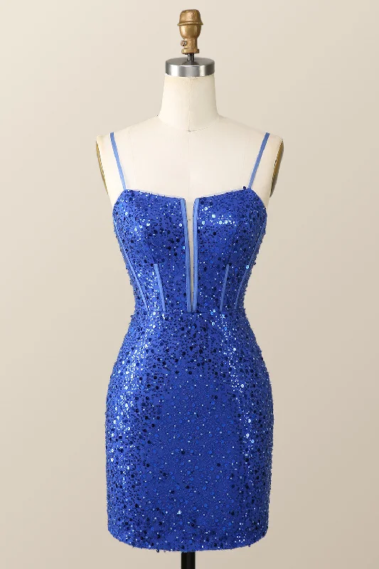 Stylish Women's Apparel Straps Royal Blue Sequin Tight Mini Dress