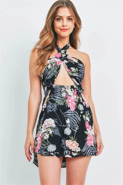 Chic Wardrobe Essentials Black Floral Halter Mini Dress